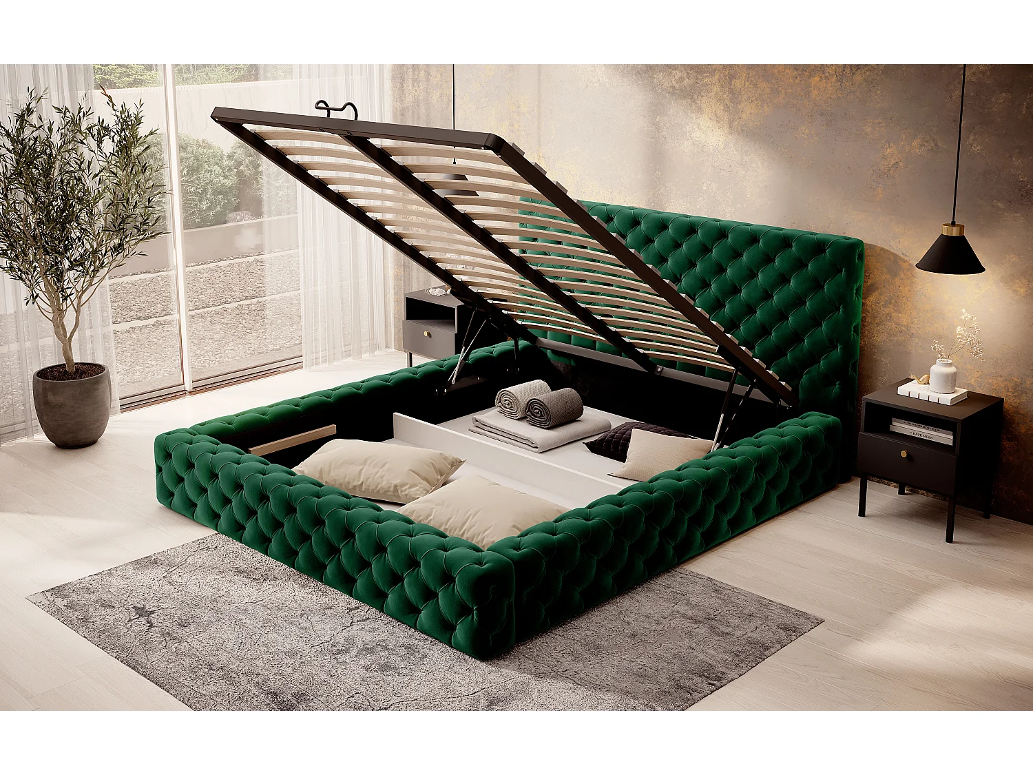Prince prestige opbergbed – Elegantie van gewatteerd fluweel-Kleur Bos Groen-Slapen 140x200cm