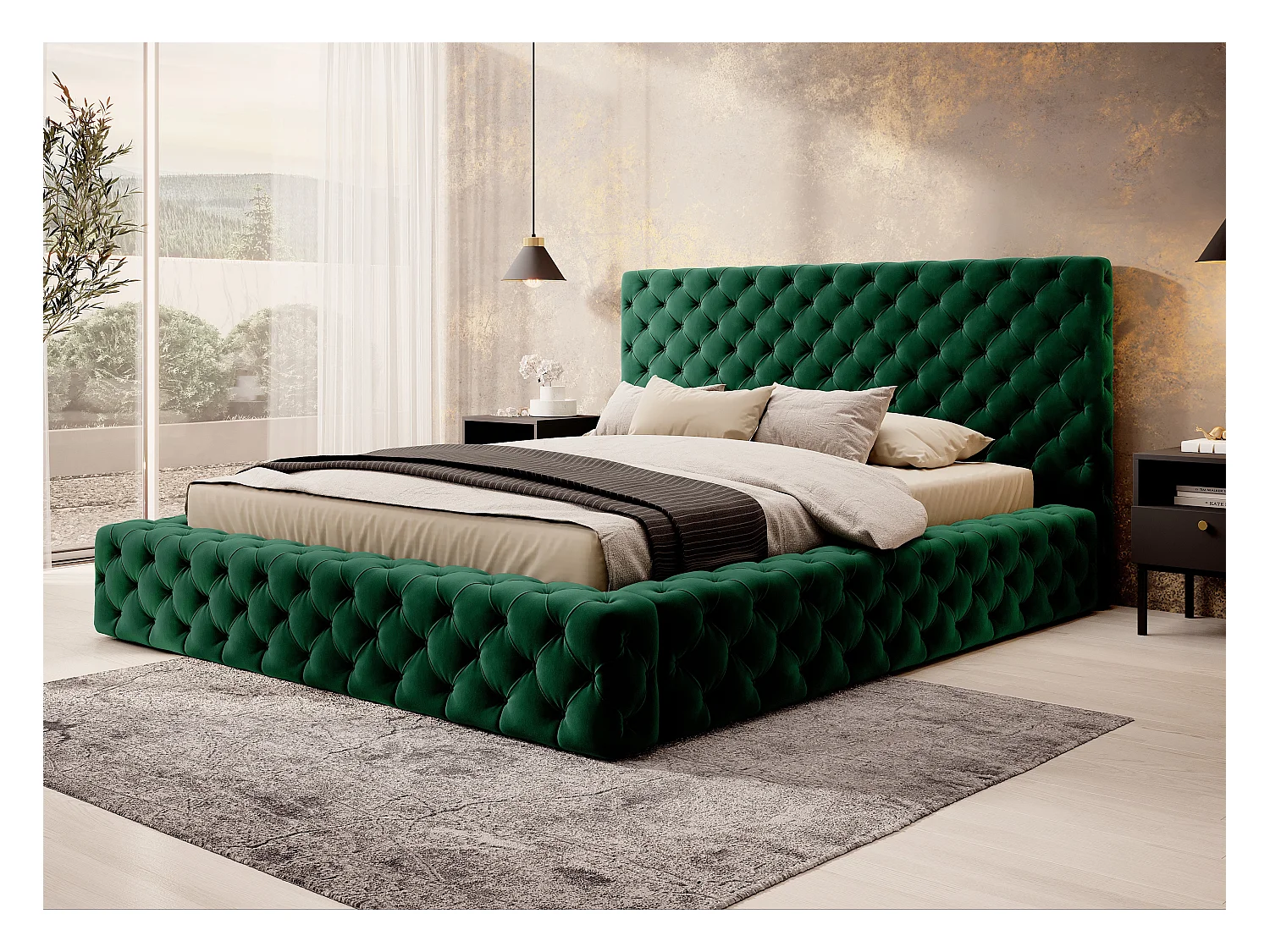 Lit design avec tête de lit et coffre capitonné velours vert Prince - 3 tailles-140x200