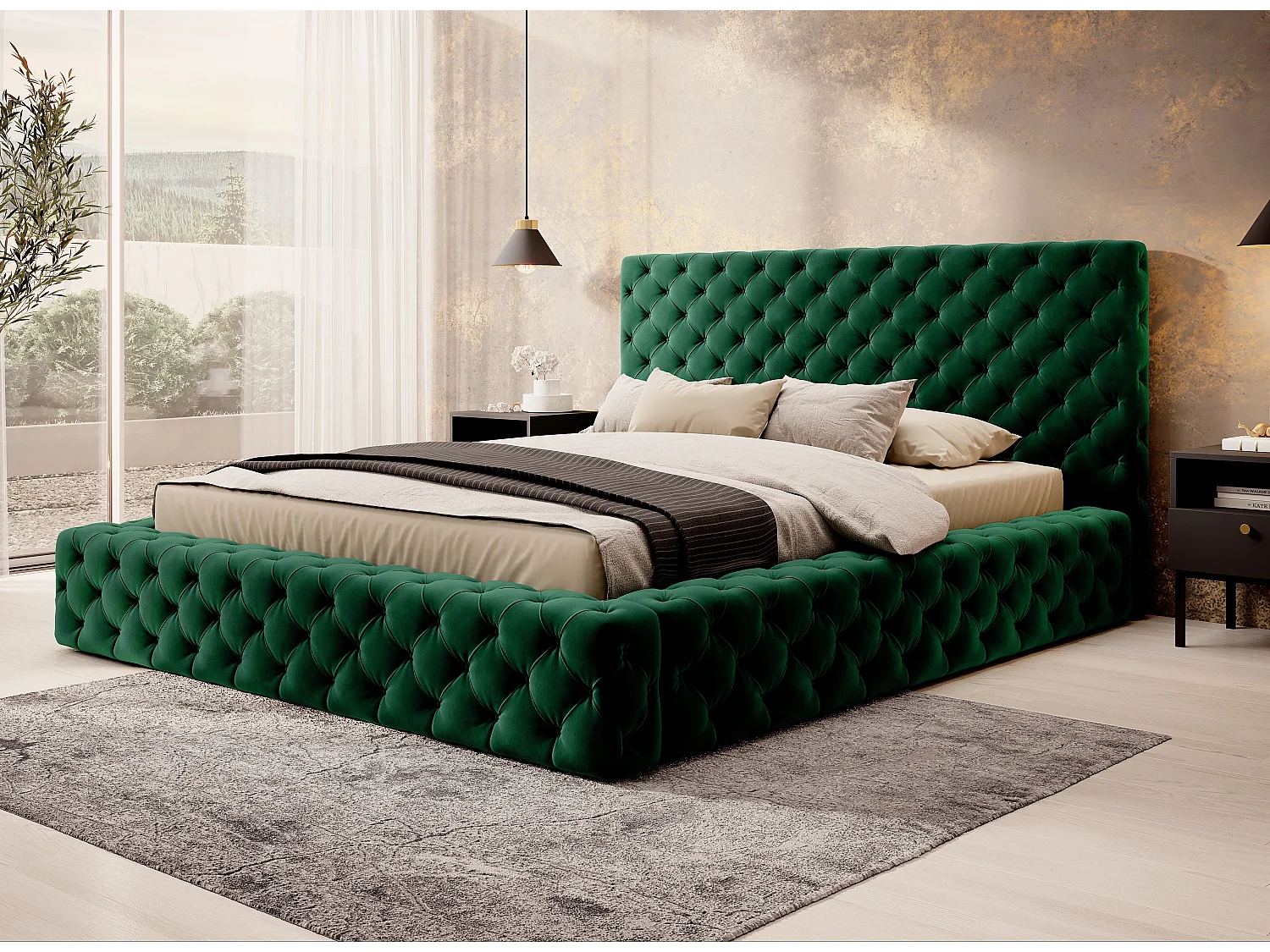 Lit design avec tête de lit et coffre capitonné velours vert Prince - 3 tailles-140x200