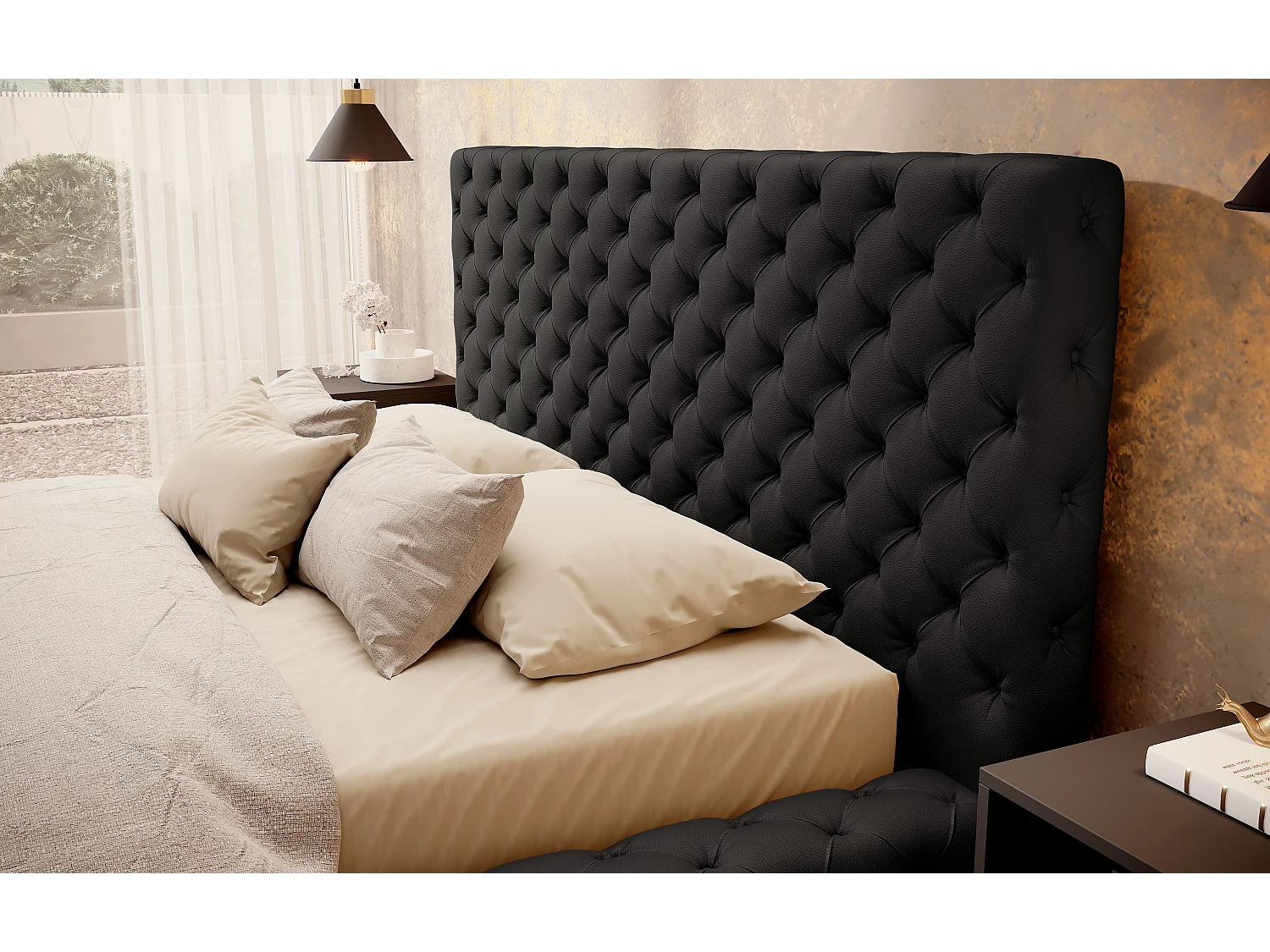 Lit design avec tête de lit et coffre capitonné simili cuir noir Prince - 3 tailles-160x200