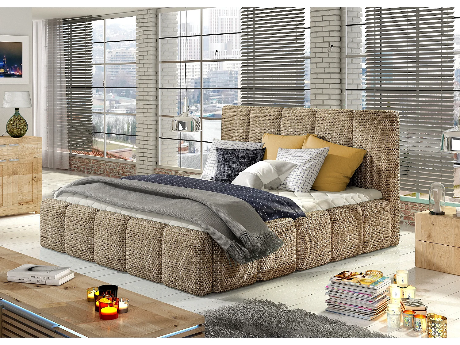 Lit adulte avec coffre de rangement Vika – Tissu capitonné-Beige chiné-160x200