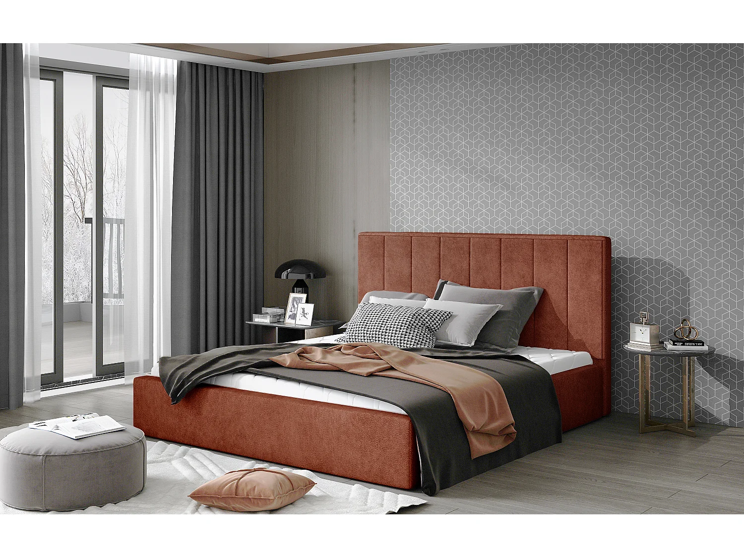 Lit rembourré de luxe tissu Vareze-Couleur Rouge tomette-140x200-Version avec sommier