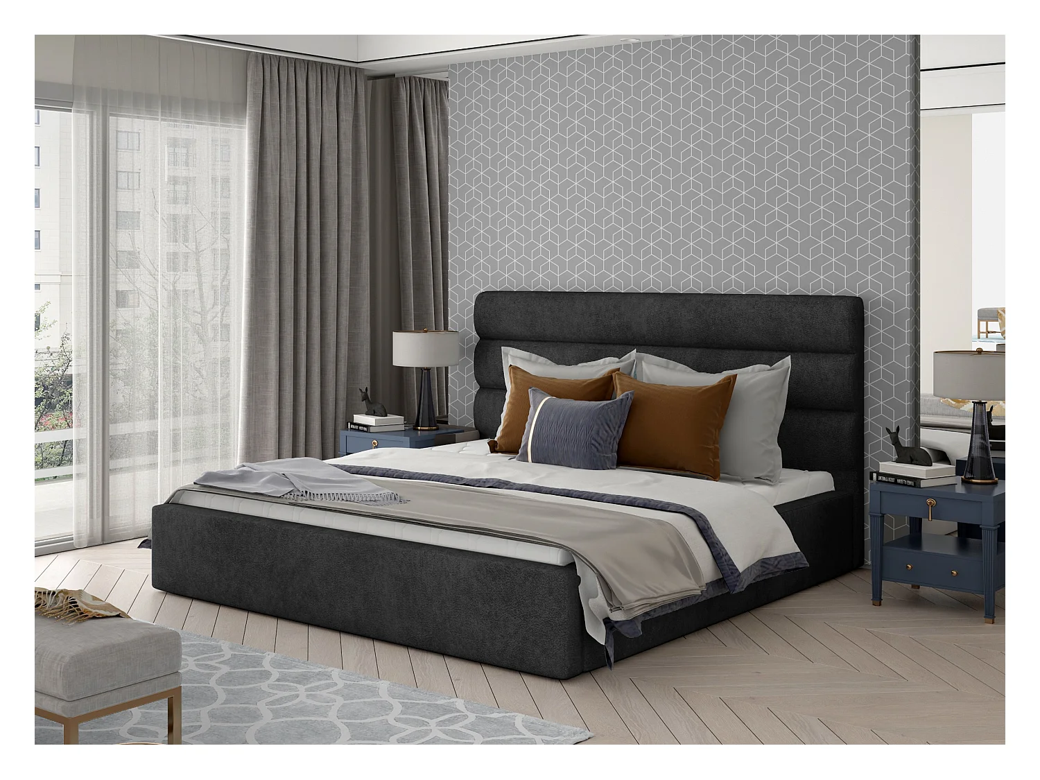 Lit design tissu anthracite avec coffre de rangement Klarina - 4 tailles-200x200