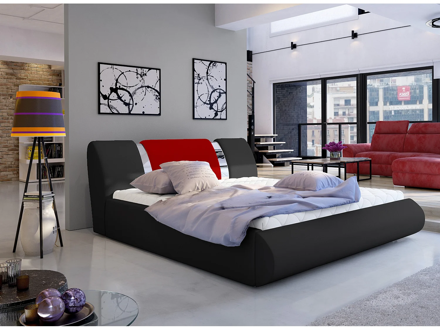 Lit coffre 180x200 simili noir-rouge et métal chromé Flavien