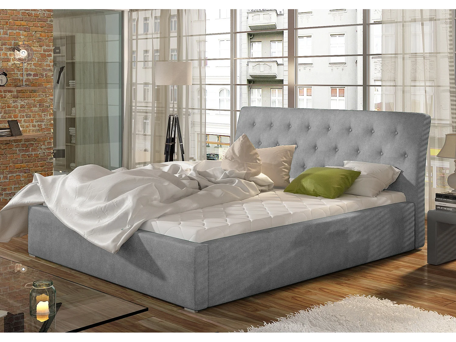 Lit velours capitonné Venizia-Couleur Gris clair-160x200-Version avec sommier