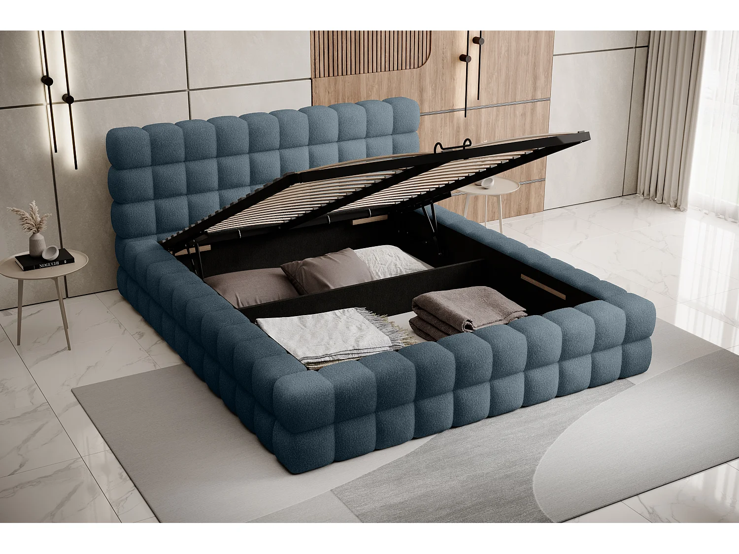 Lit coffre design avec capitonnage tissu à bouclettes Kaizer-Couleur Bleu turquin-180x200