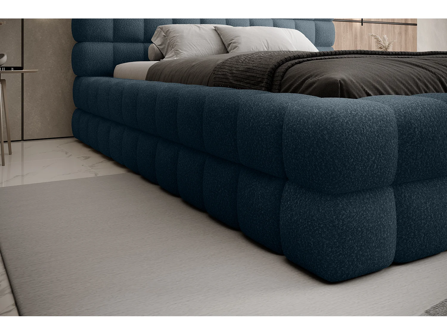 Lit coffre design avec capitonnage tissu à bouclettes Kaizer-Couleur Bleu turquin-180x200