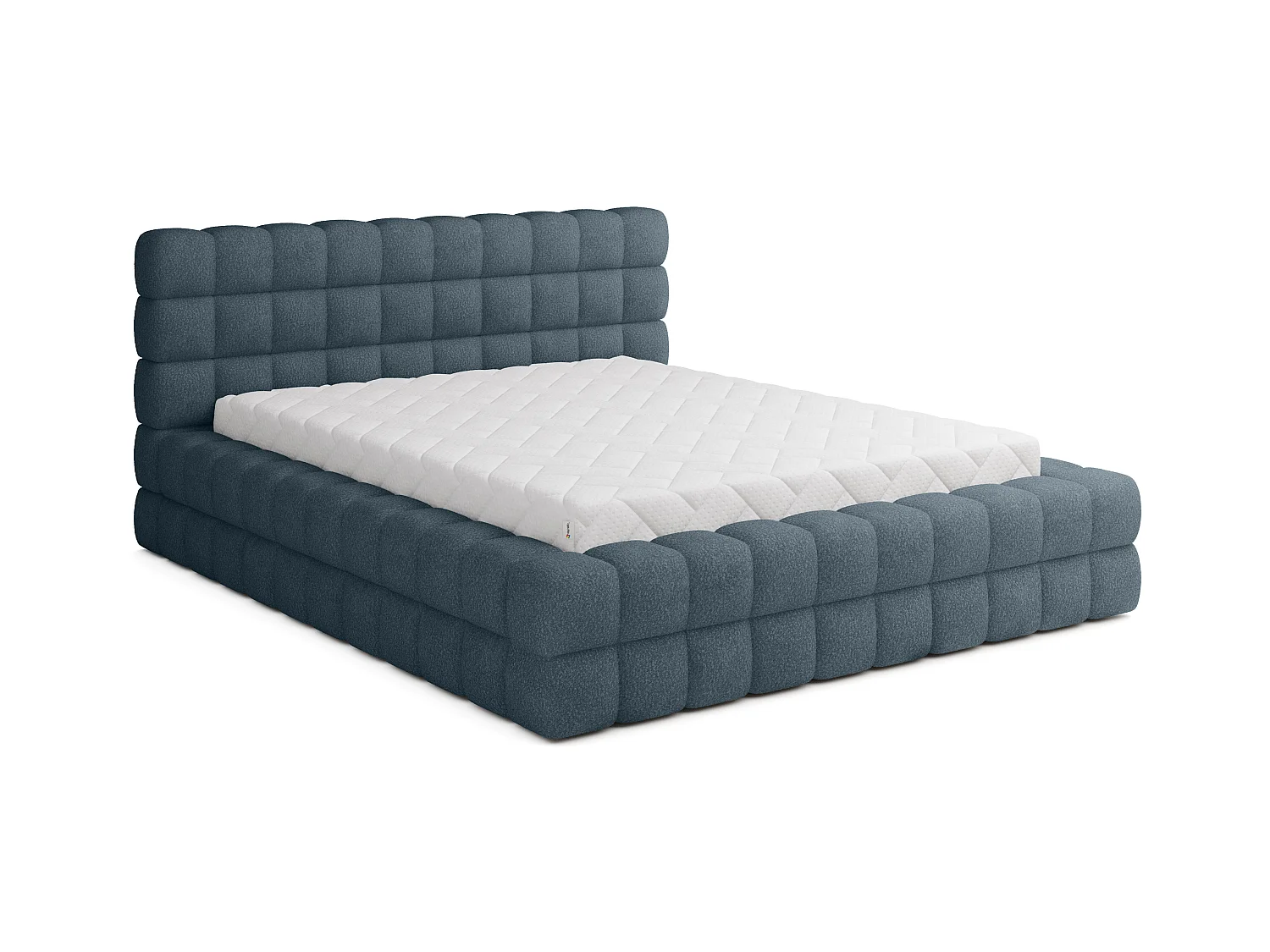 Lit coffre design avec capitonnage tissu à bouclettes Kaizer-Couleur Bleu turquin-180x200