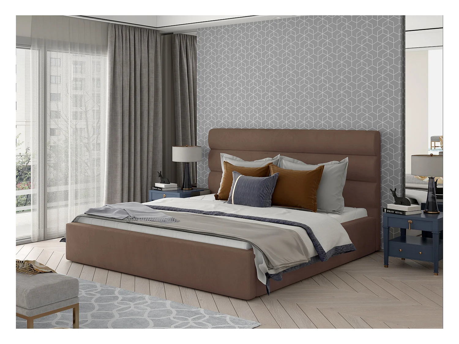 Lit design velours marron clair avec coffre de rangement Klarina - 4 tailles-140x200