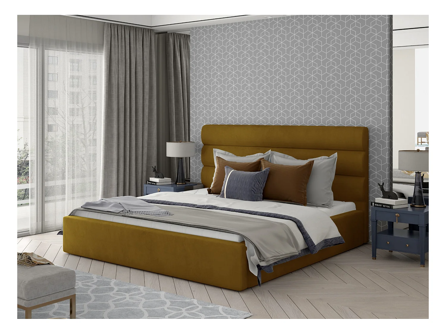 Lit design velours marron clair avec coffre de rangement Klarina - 4 tailles-140x200