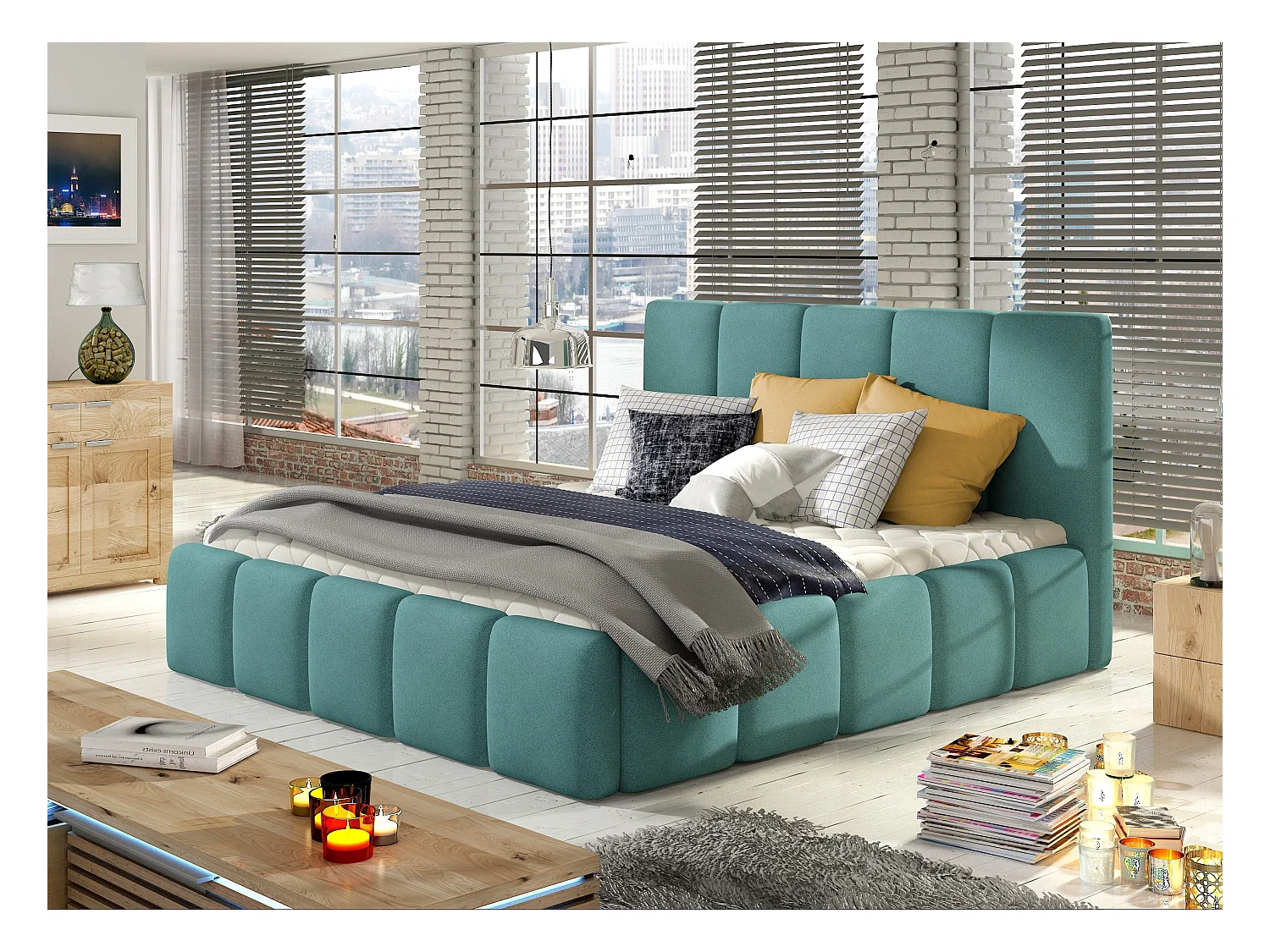 Modern gestoffeerd bed in Vika-stof-Kleur Celadongroen-Slapen 160x200cm-Versie zonder boxspring