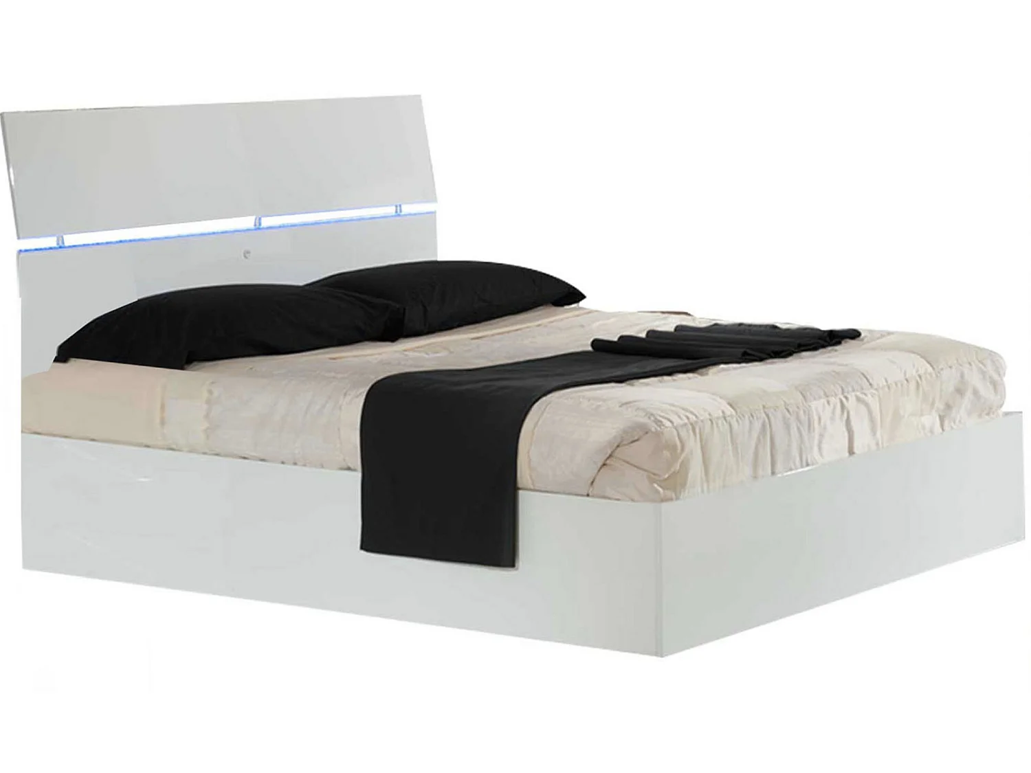 Lit coffre bois blanc laqué et tête de lit blanche laquée avec led Mona-Couchage 140x190 cm