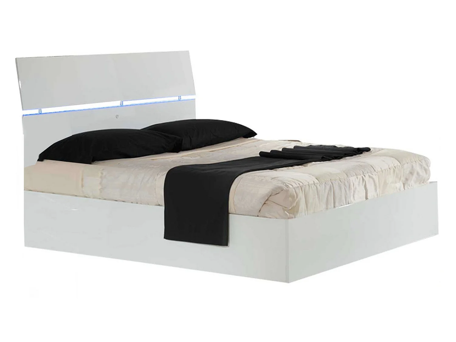 Lit coffre bois blanc laqué et tête de lit blanche laquée avec led Mona-Couchage 140x190 cm