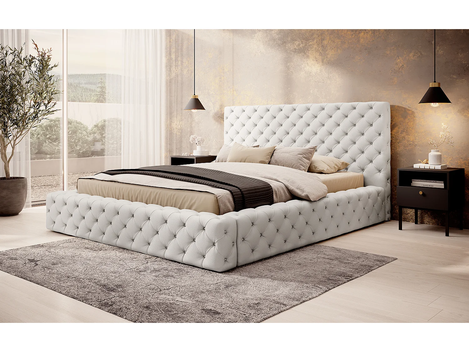 Lit design avec tête de lit et coffre capitonné simili cuir blanc Prince - 3 tailles-140x200