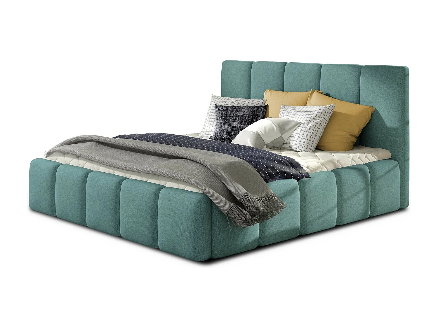 Modern gestoffeerd bed in Vika-stof-Kleur Celadongroen-Slapen 140x200cm-Versie met boxspring