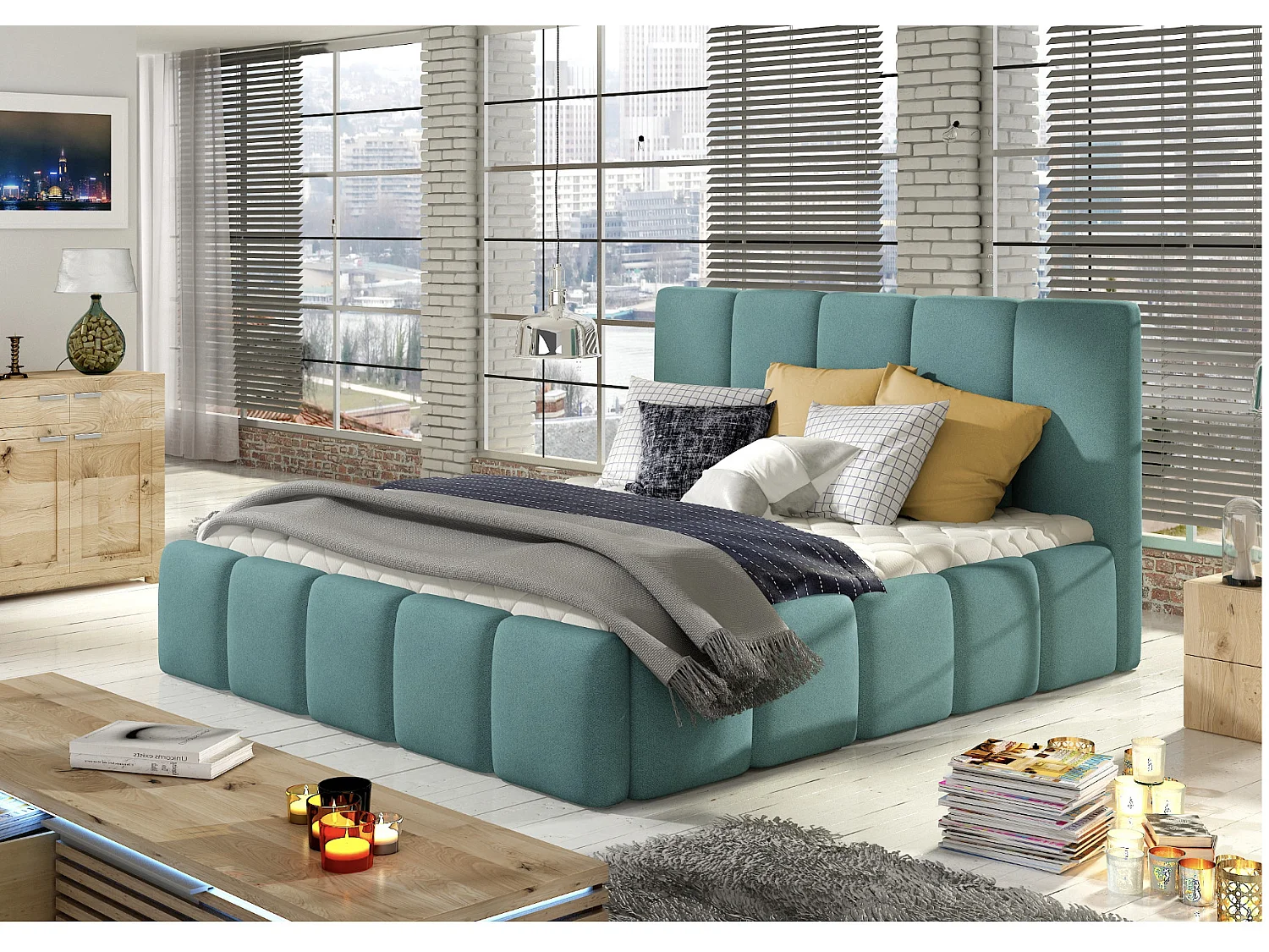 Modern gestoffeerd bed in Vika-stof-Kleur Celadongroen-Slapen 140x200cm-Versie met boxspring