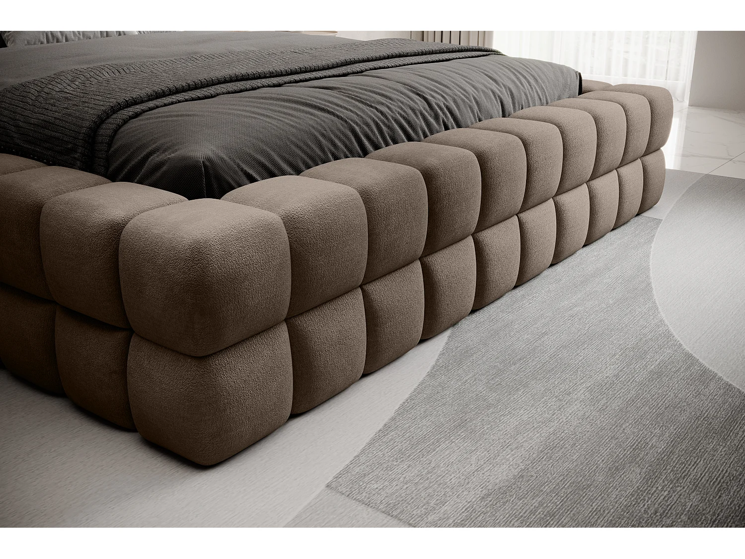 Lit coffre design avec capitonnage velours Kaizer-Couleur Marron noisette-140x200