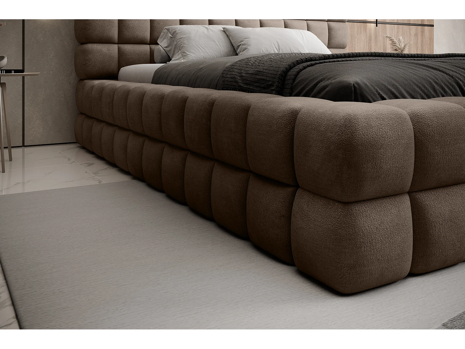 Lit coffre design avec capitonnage velours Kaizer-Couleur Marron noisette-140x200