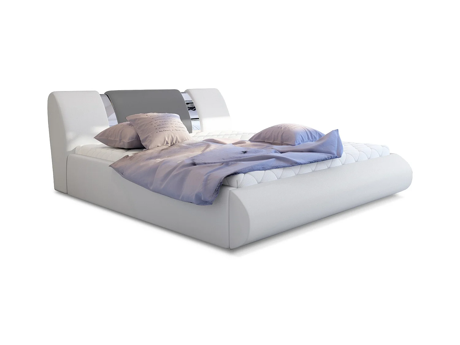 Lit coffre 140x200 simili blanc-gris et métal chromé Flavien