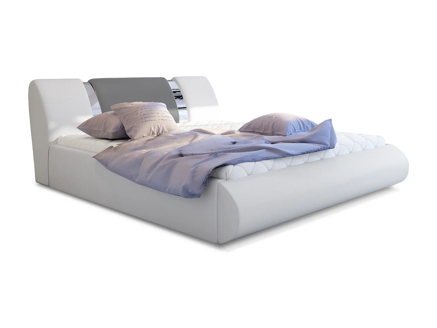 Lit coffre 140x200 simili blanc-gris et métal chromé Flavien