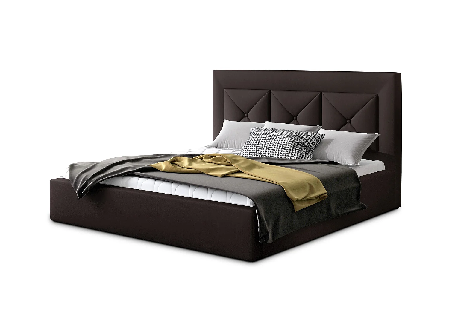 Lit double rembourré en simili cuir Clarin-Couleur Marron-140x200-Version avec sommier