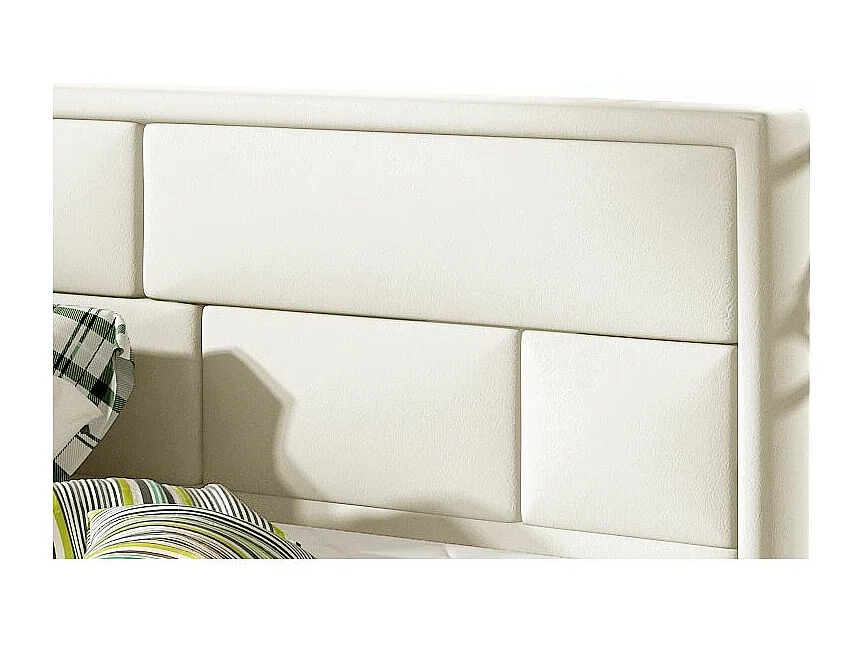 Lit avec coffre simili cuir beige clair tête de lit capitonnée Lenzo-180x200