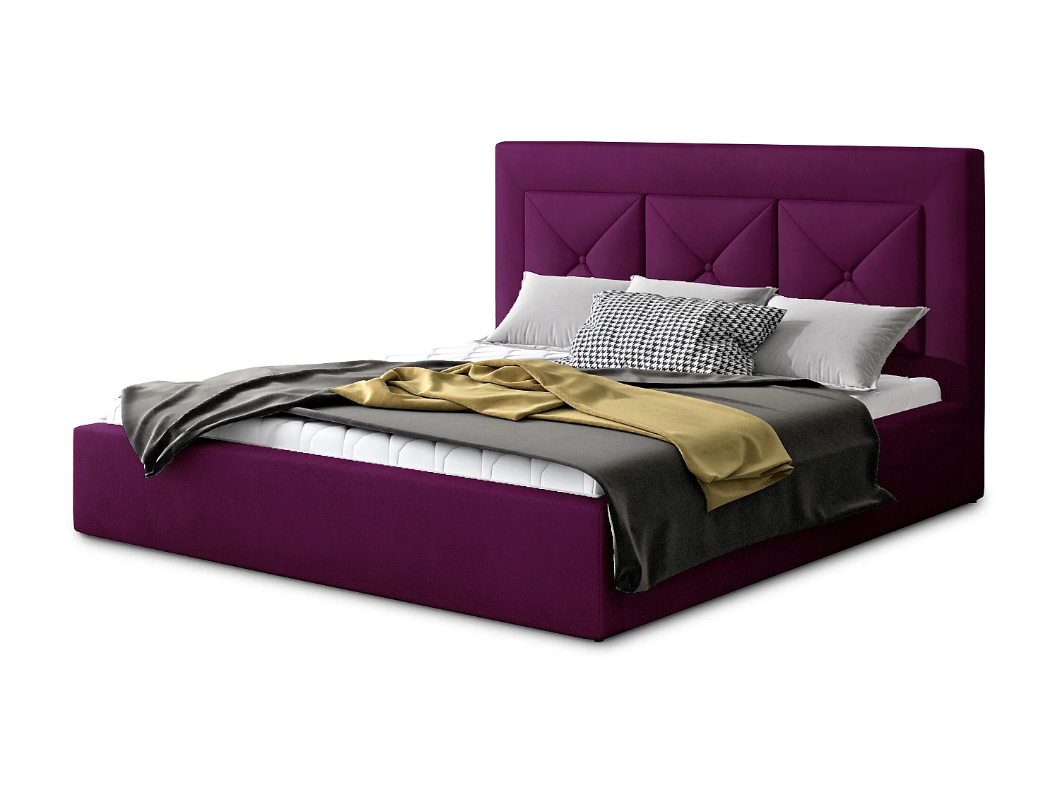 Lit double rembourré en velours Clarin-Couleur Magenta foncé-200x200-Version avec sommier