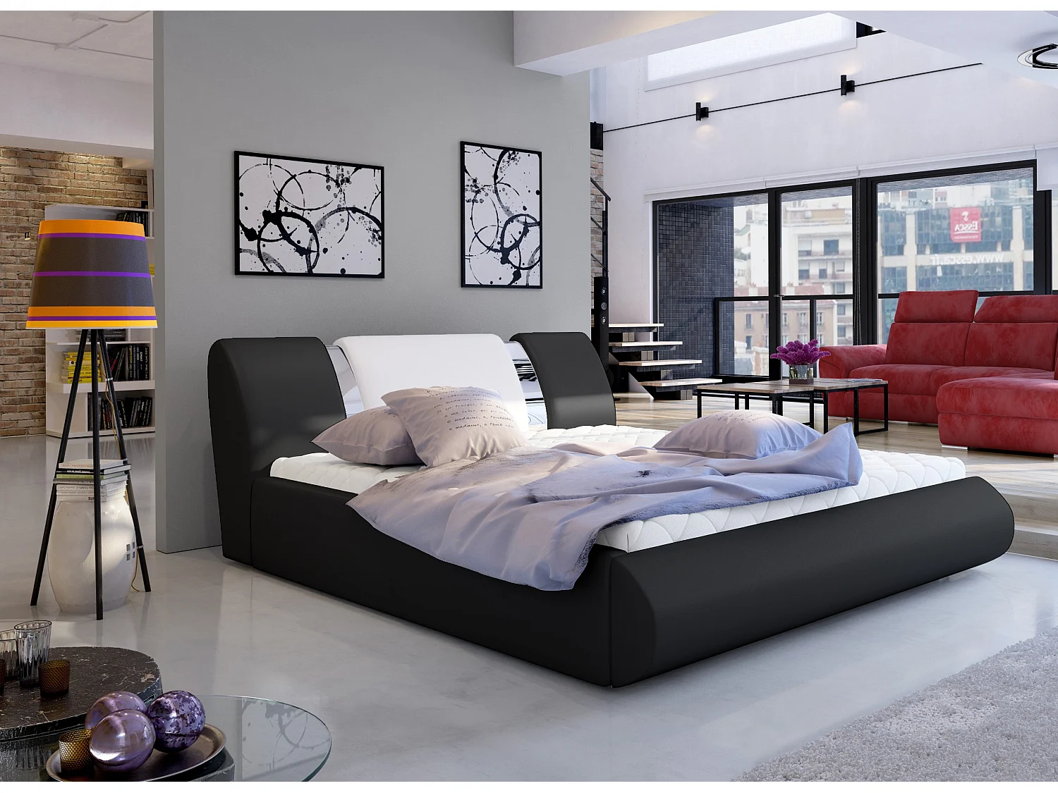 Lit coffre 180x200 simili noir-blanc et métal chromé Flavien