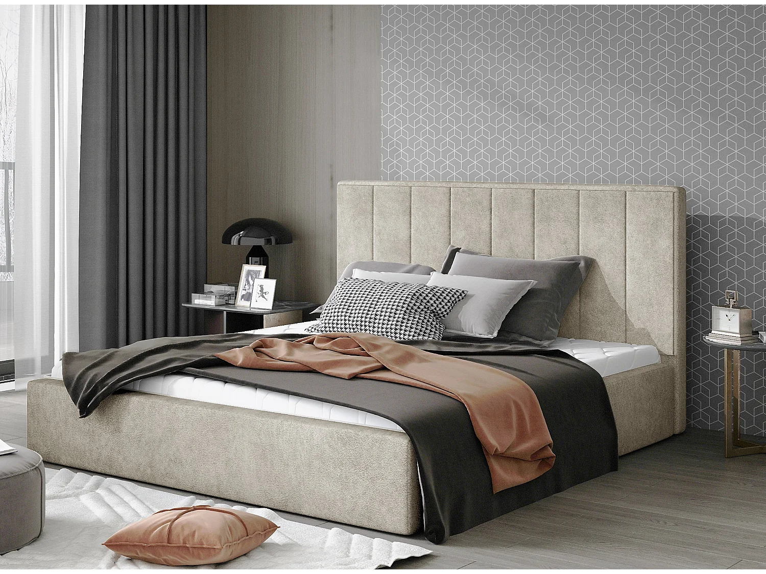 Lit rembourré de luxe tissu Vareze-Couleur Beige-160x200-Version avec sommier