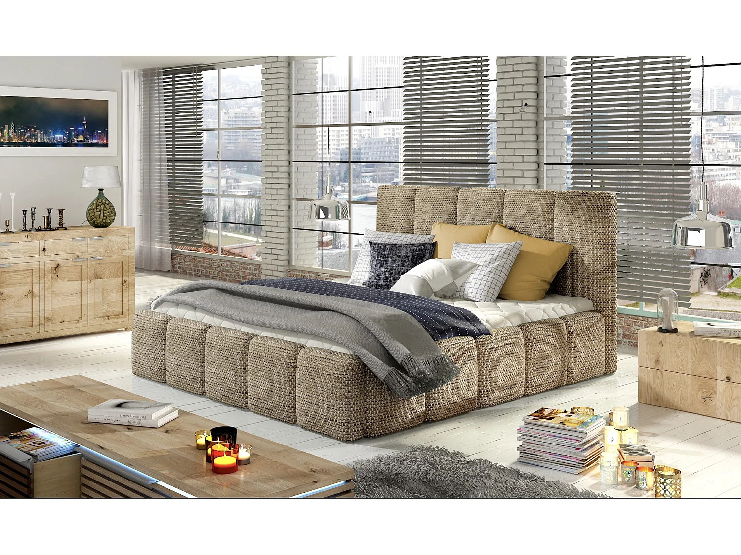 Lit moderne capitonné tissu Vika-Couleur Beige chiné-180x200-Version avec sommier