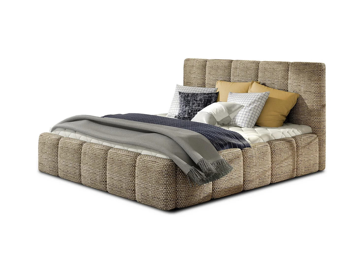 Lit moderne capitonné tissu Vika-Couleur Beige chiné-180x200-Version avec sommier