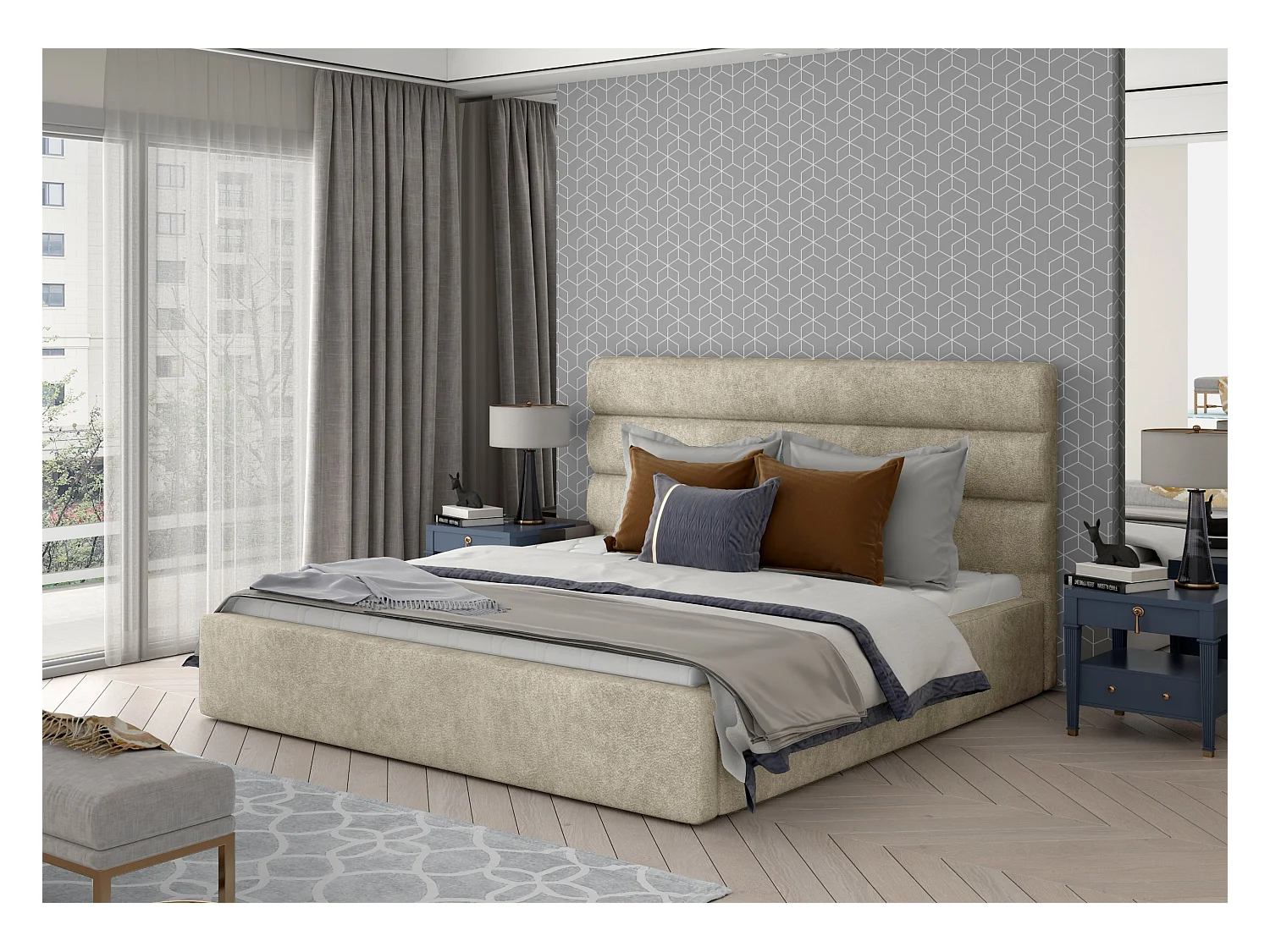 Lit design tissu beige clair avec coffre de rangement Klarina - 4 tailles-200x200
