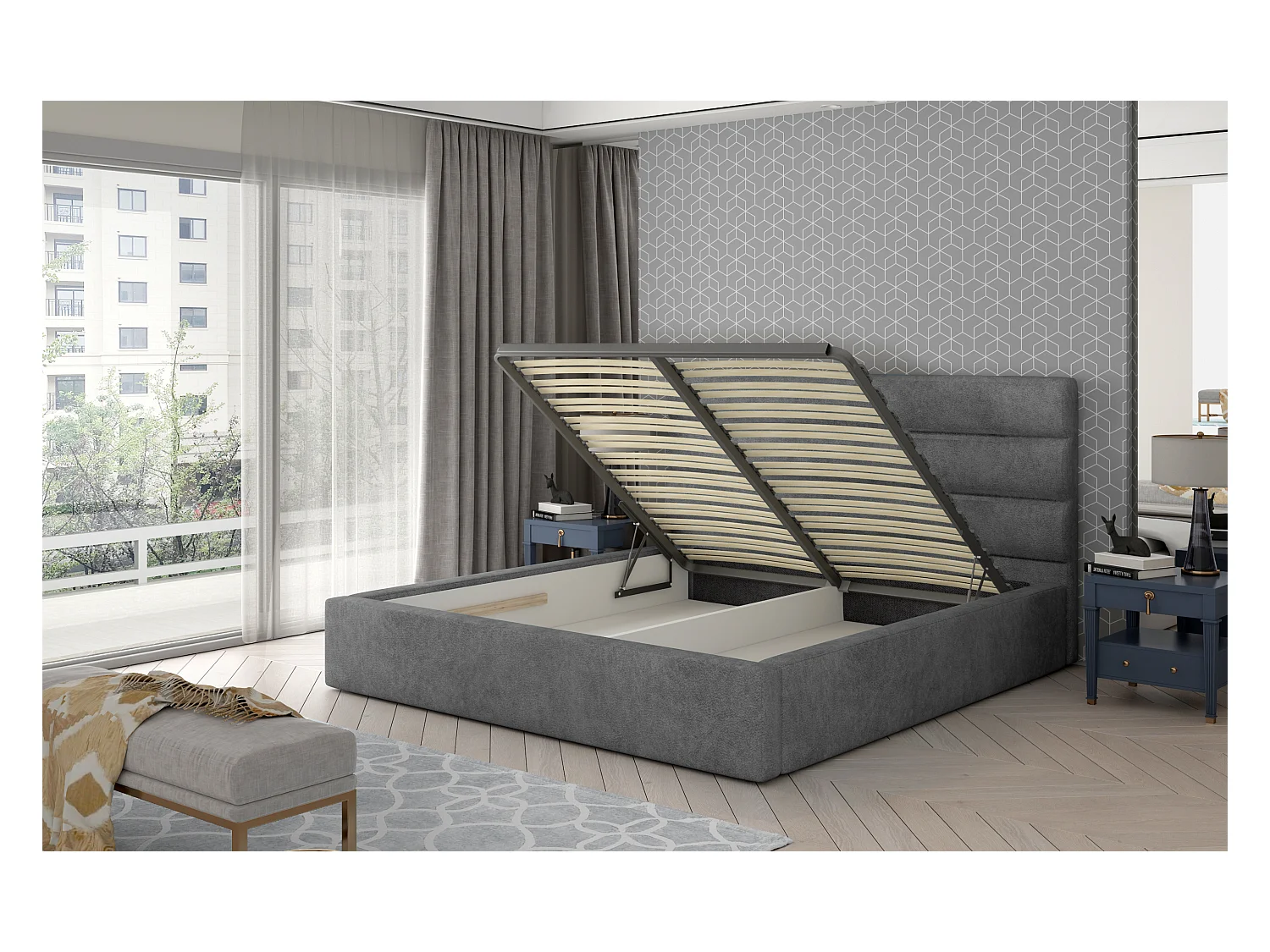 Lit design tissu beige clair avec coffre de rangement Klarina - 4 tailles-200x200