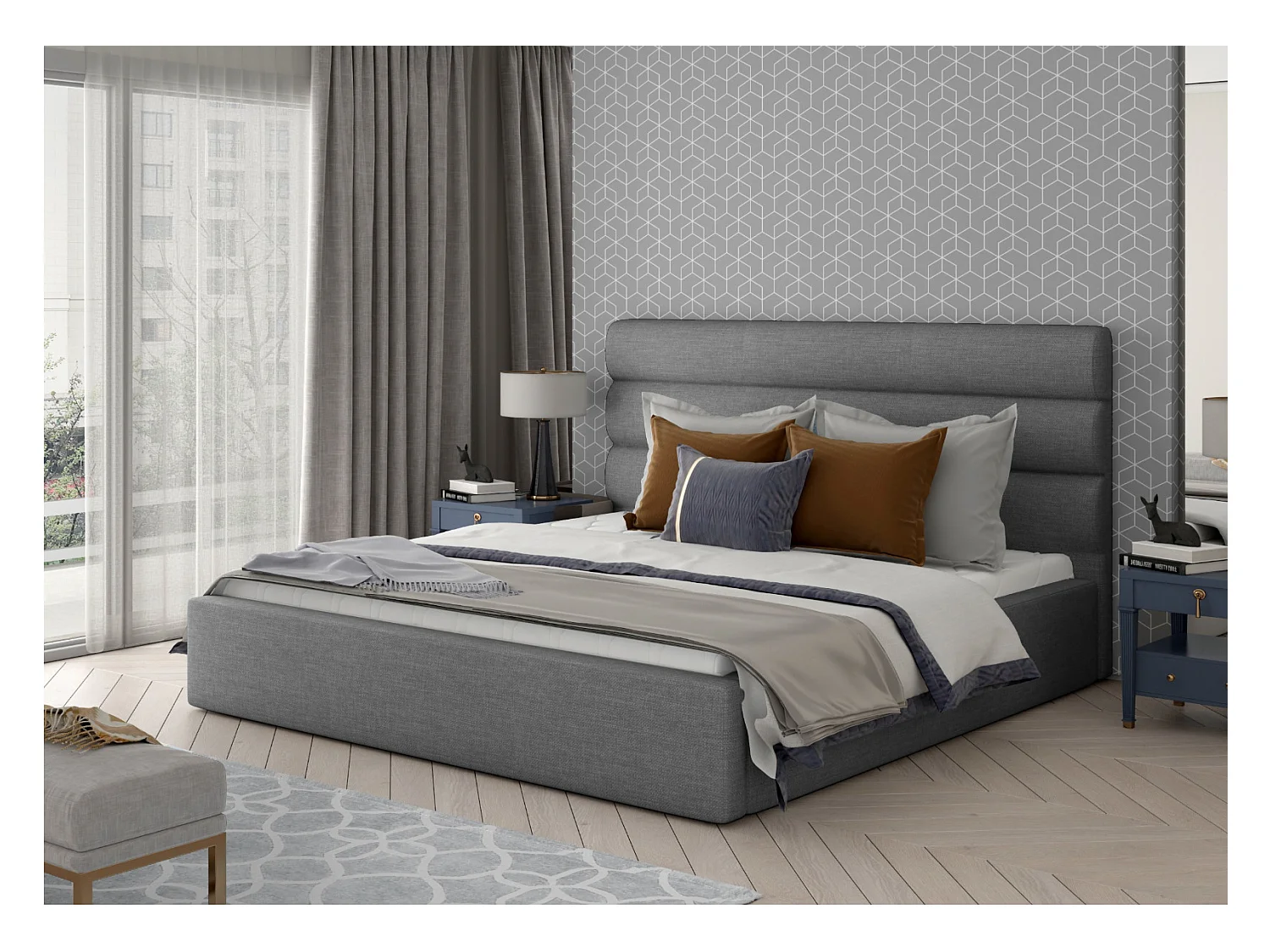 Lit design tissu beige clair avec coffre de rangement Klarina - 4 tailles-200x200