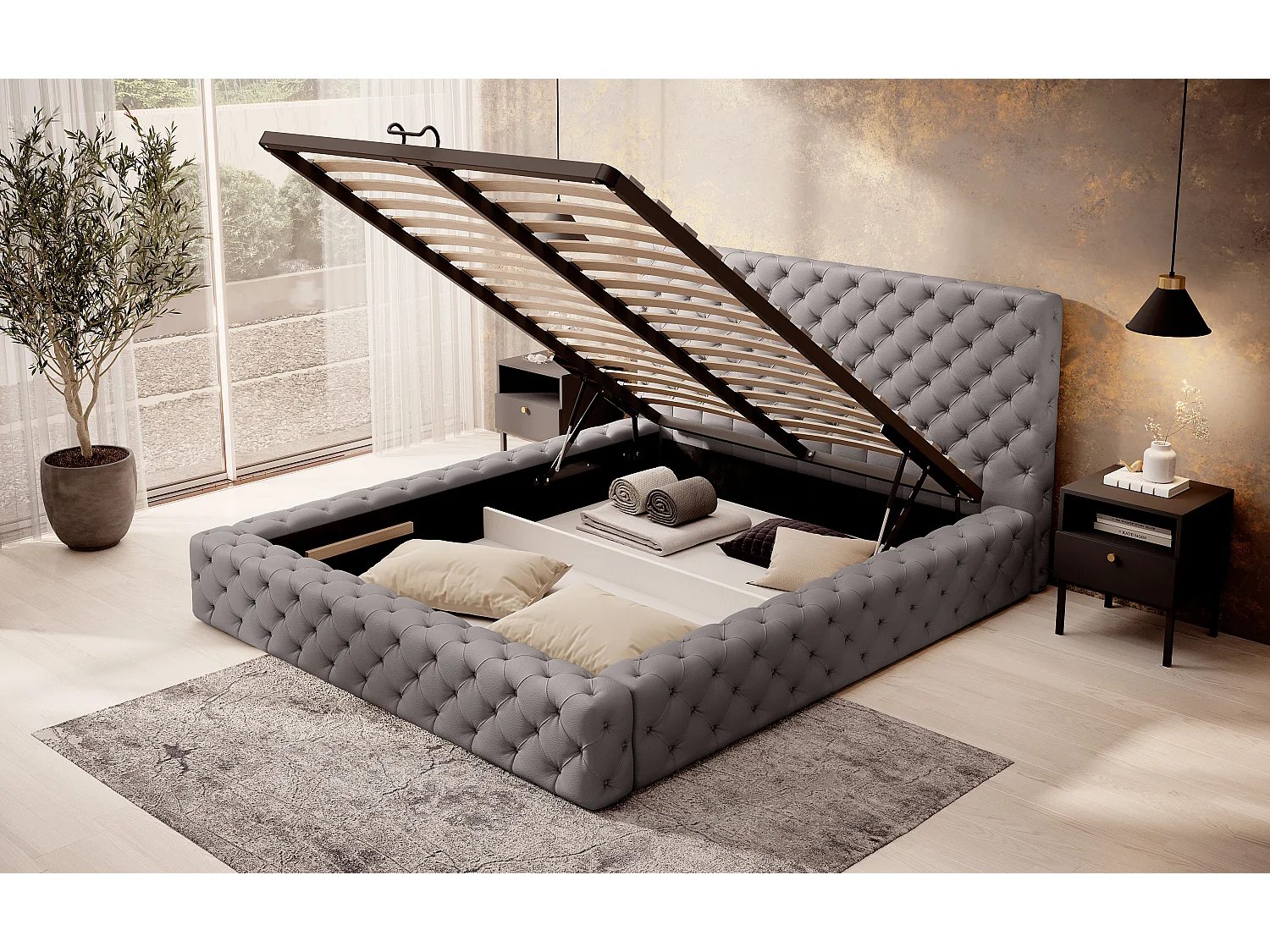 Lit design avec tête de lit et coffre capitonné simili cuir gris Prince - 3 tailles-160x200