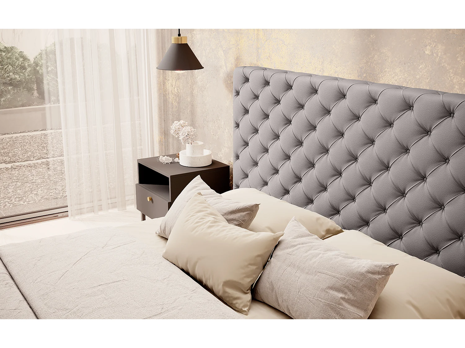 Lit design avec tête de lit et coffre capitonné simili cuir gris Prince - 3 tailles-160x200