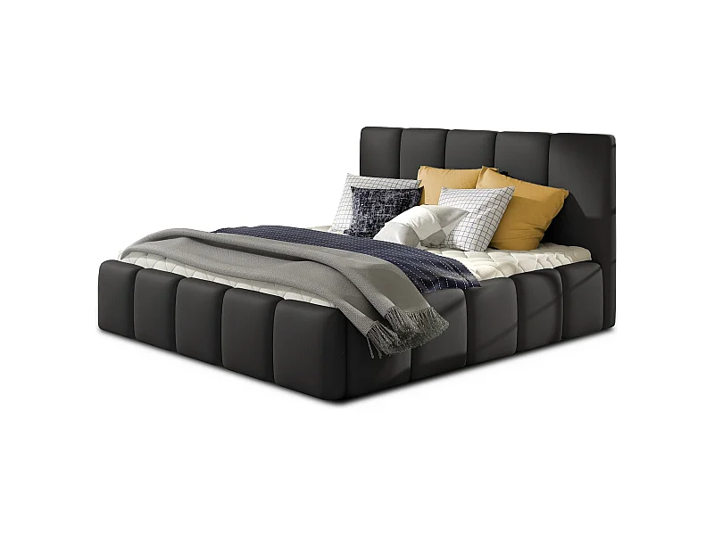 Lit moderne capitonné cuir synthétique Vika-Couleur Noir-160x200-Version avec sommier