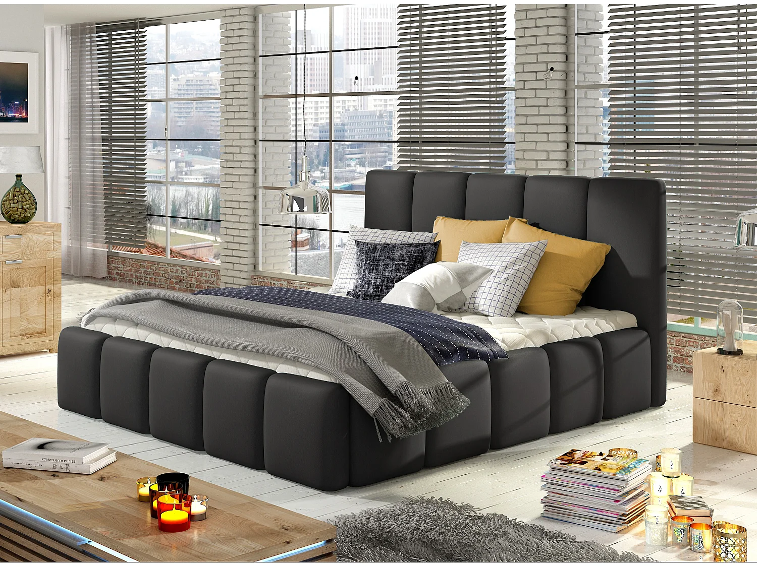 Lit moderne capitonné cuir synthétique Vika-Couleur Noir-160x200-Version avec sommier