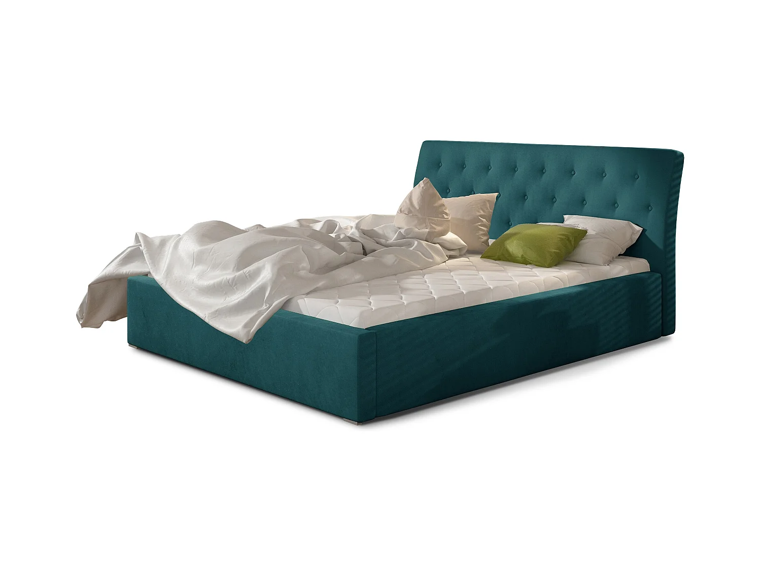 Lit velours capitonné Venizia-Couleur Bleu canard-140x200-Version avec sommier