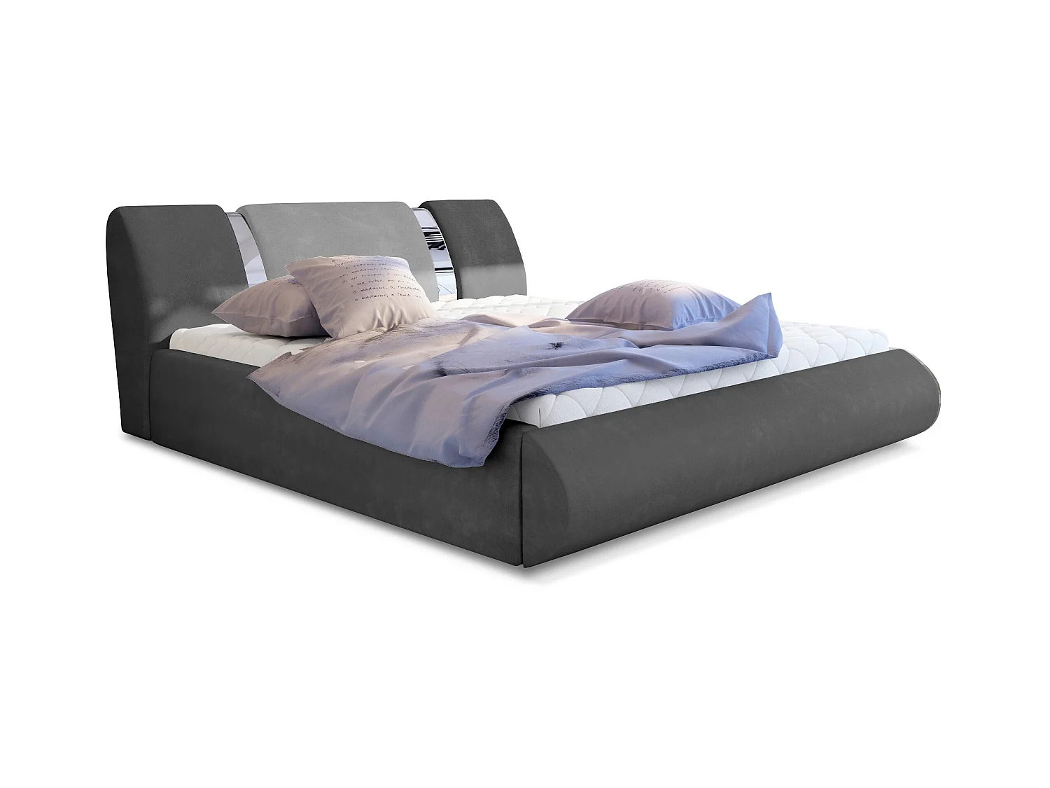 Lit coffre 180x200 tissu gris foncé-clair et métal chromé Flavien