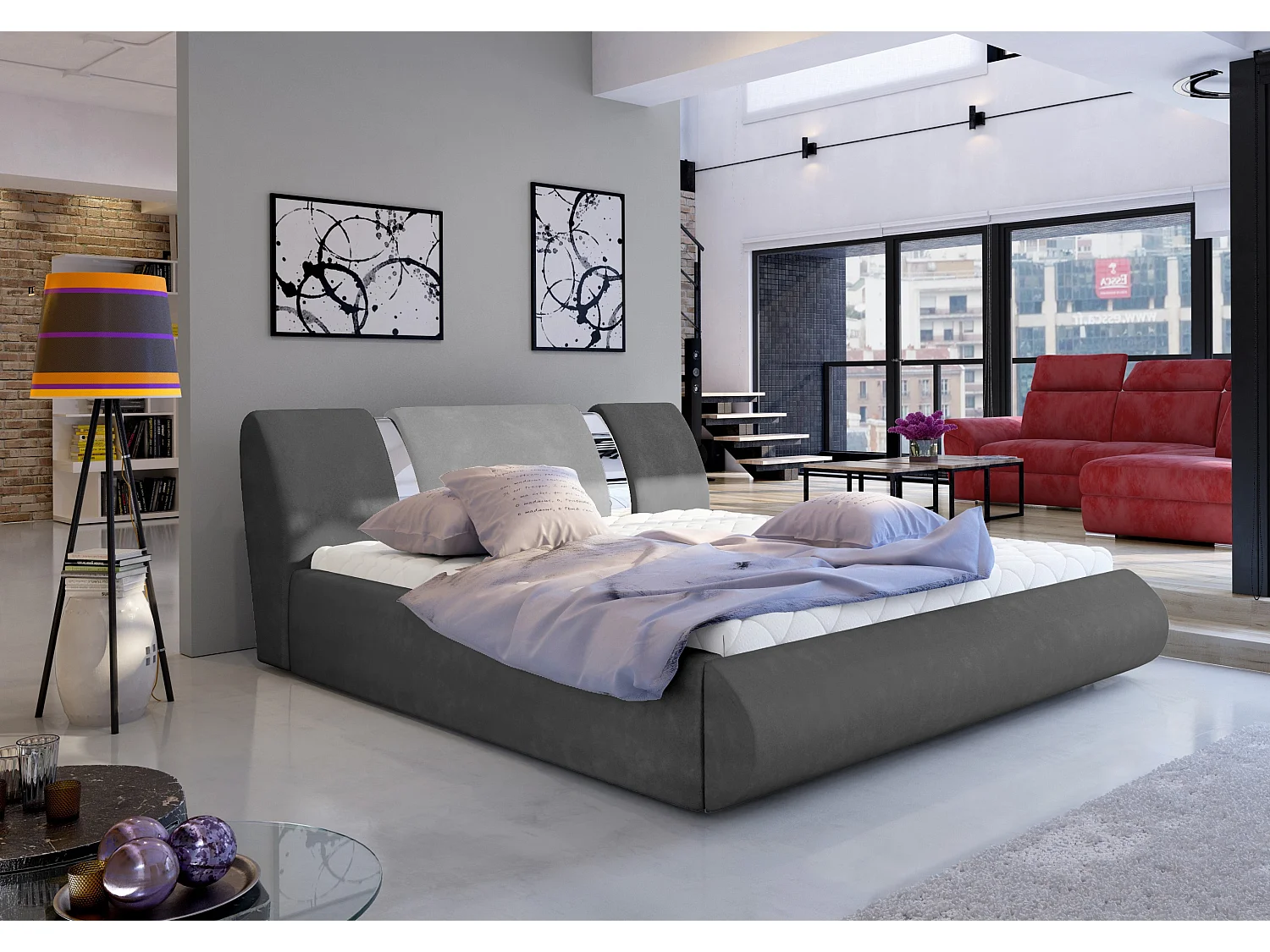 Lit coffre 180x200 tissu gris foncé-clair et métal chromé Flavien