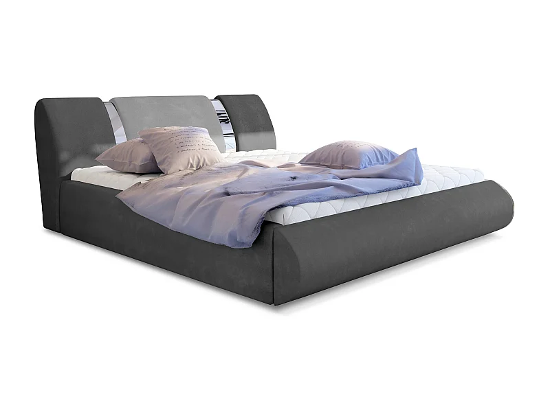 Lit coffre 180x200 tissu gris foncé-clair et métal chromé Flavien