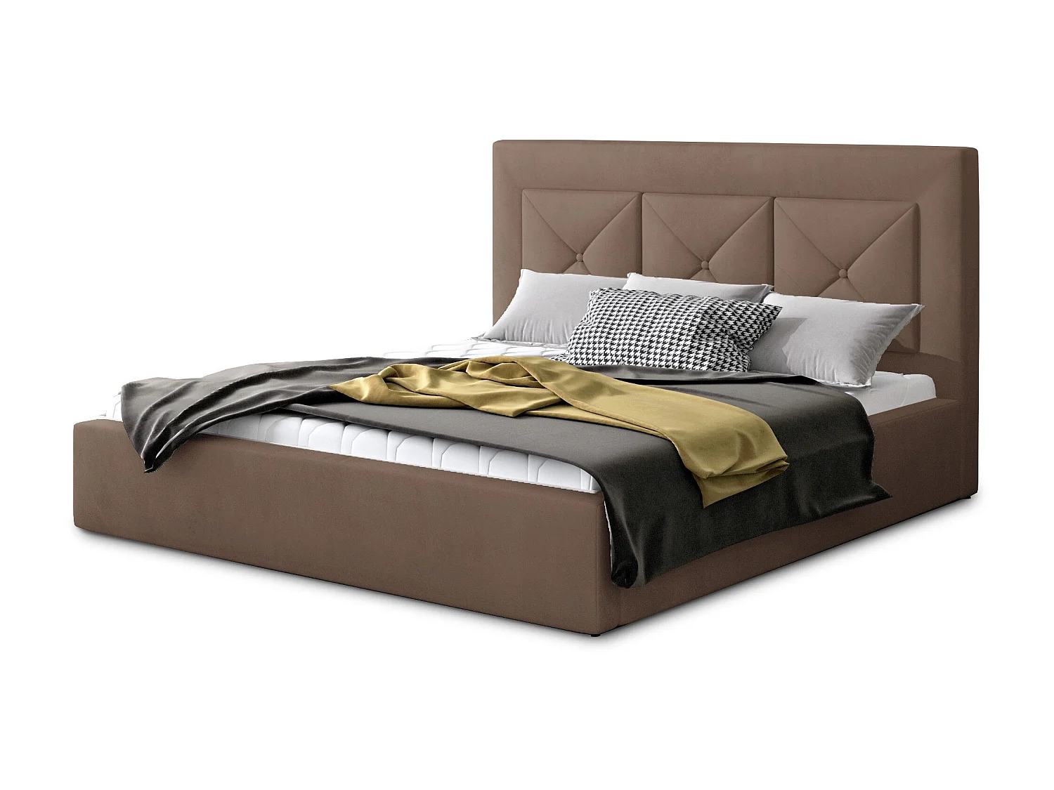 Lit double rembourré en velours Clarin-Couleur Marron clair-140x200-Version avec sommier