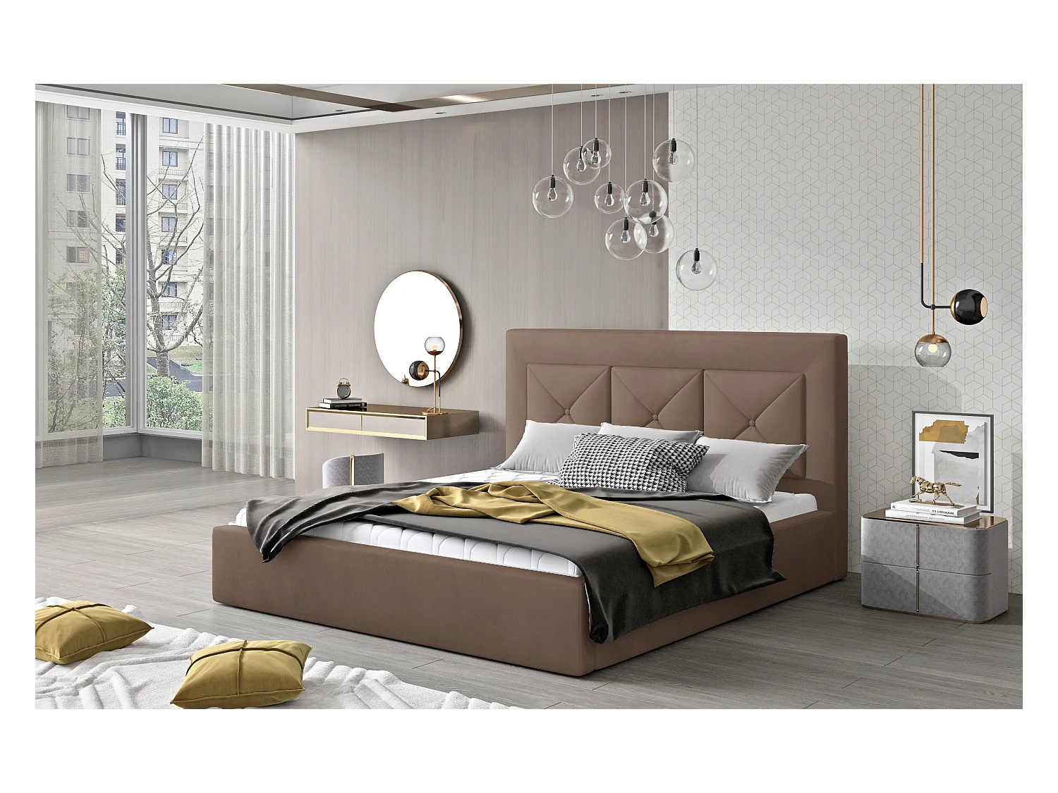 Lit double rembourré en velours Clarin-Couleur Marron clair-140x200-Version avec sommier