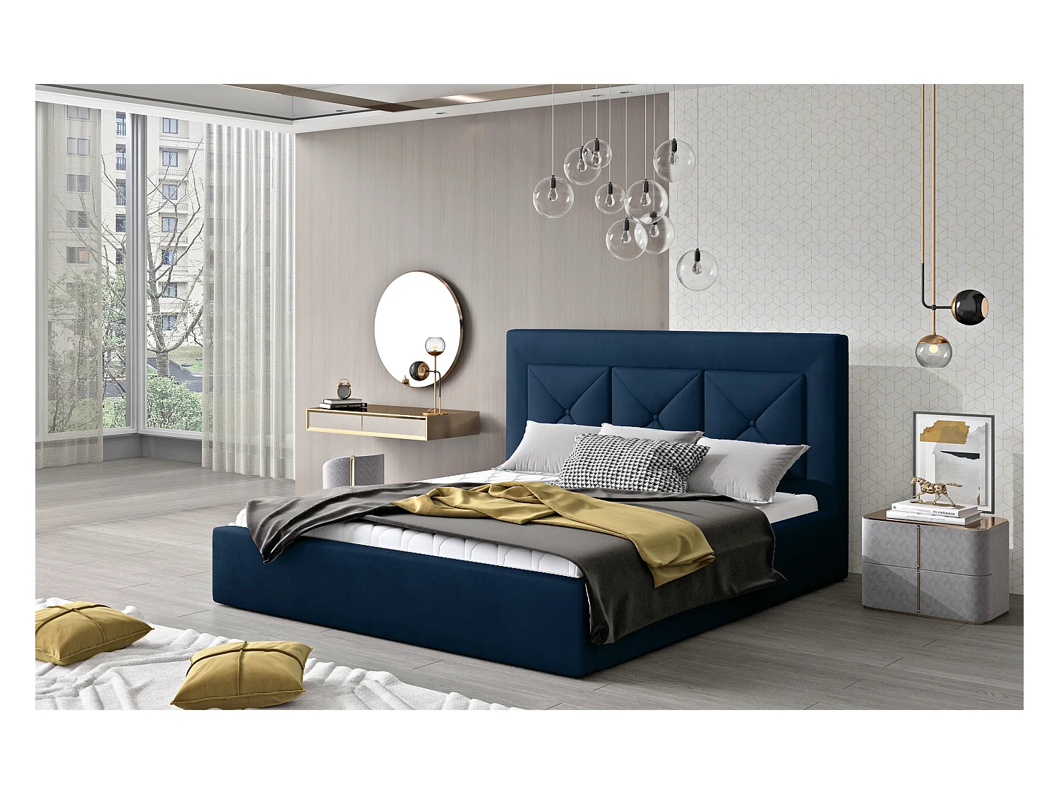 Lit double rembourré en velours Clarin-Couleur Marron clair-140x200-Version avec sommier