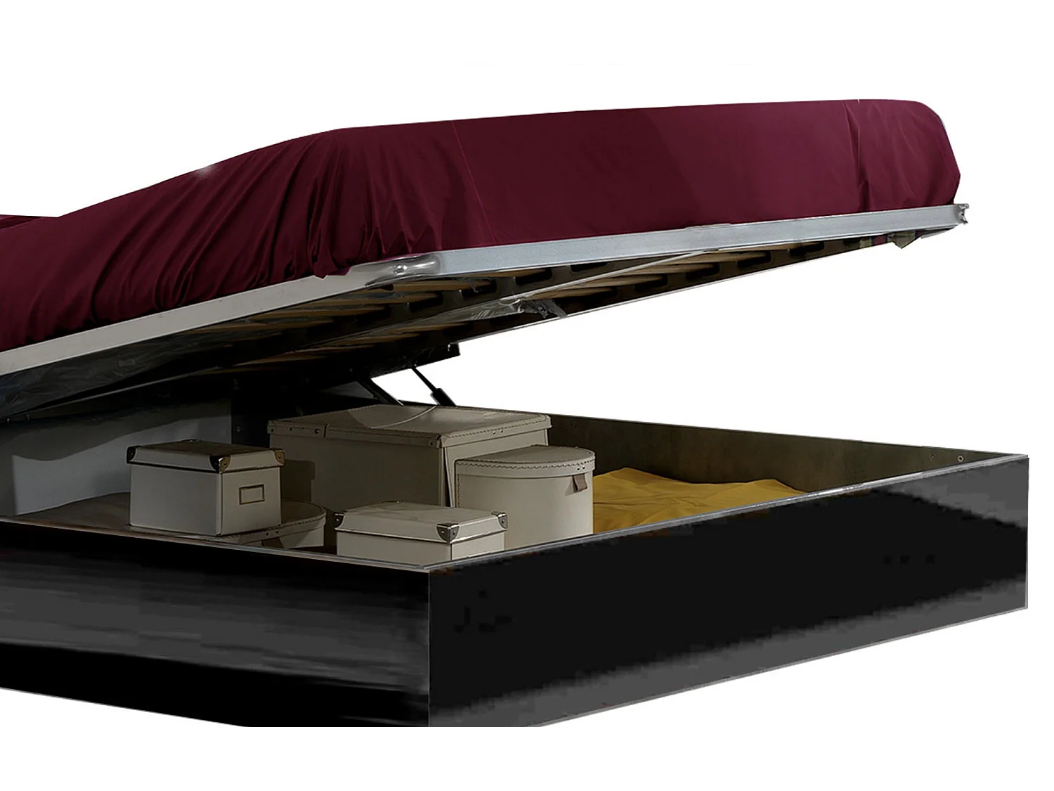 Lit coffre bois noir laqué et tête de lit noire laquée et dorée Diamanto-Couchage 140x190 cm