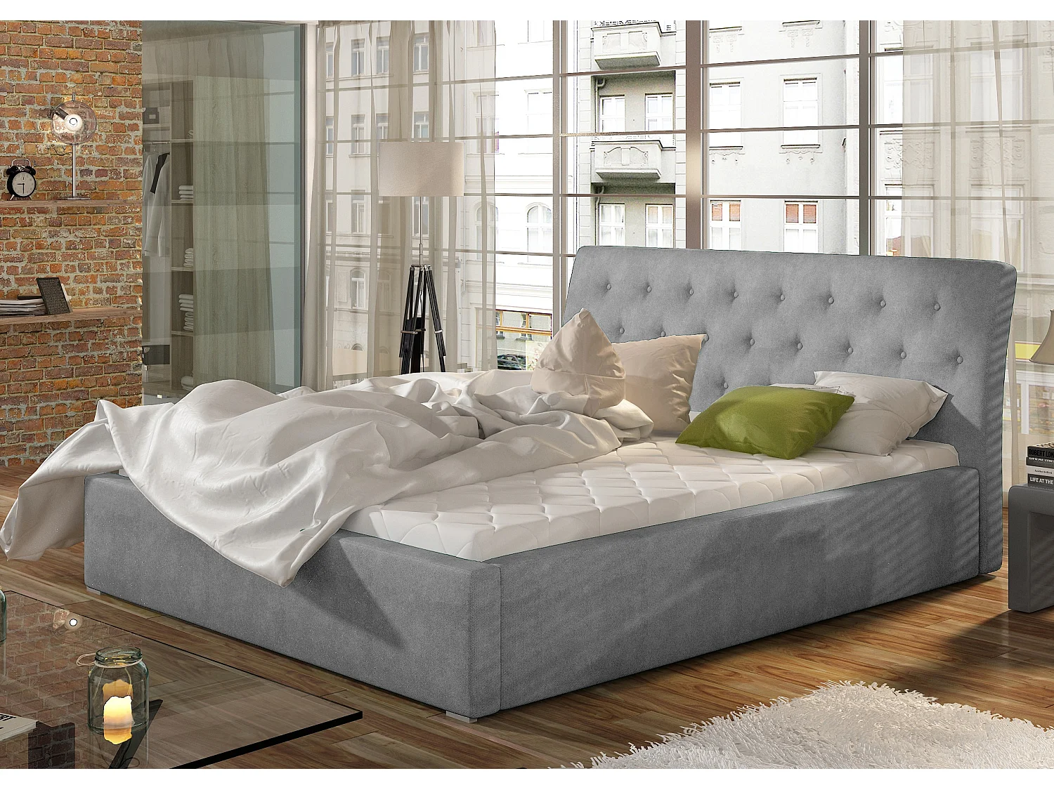 Lit velours capitonné Venizia-Couleur Gris clair-140x200-Version avec sommier