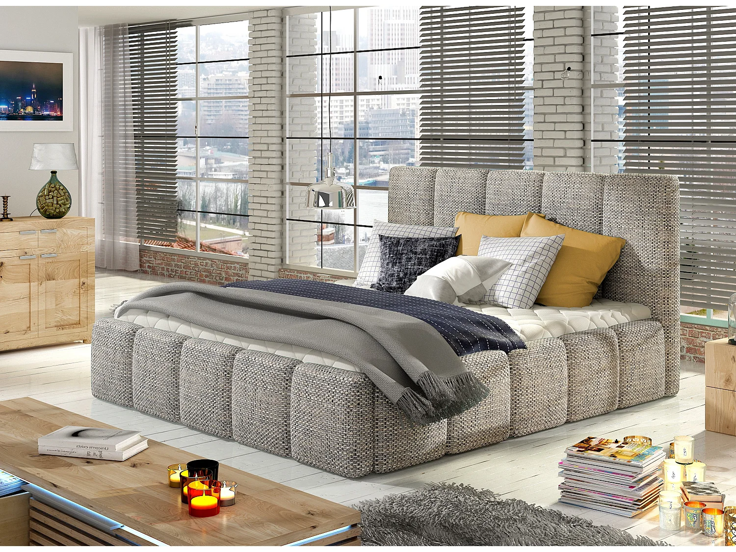 Lit adulte avec coffre de rangement Vika – Tissu capitonné-Gris chiné-180x200