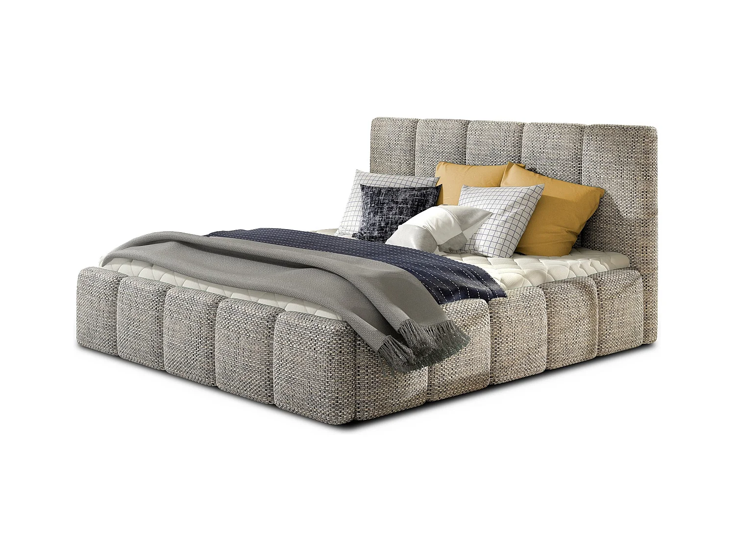 Lit adulte avec coffre de rangement Vika – Tissu capitonné-Gris chiné-180x200