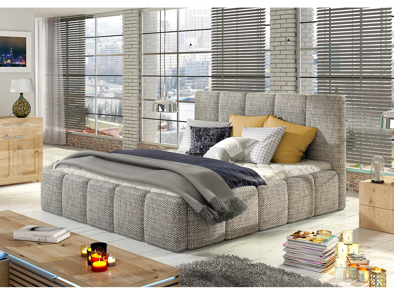 Lit adulte avec coffre de rangement Vika – Tissu capitonné-Gris chiné-180x200